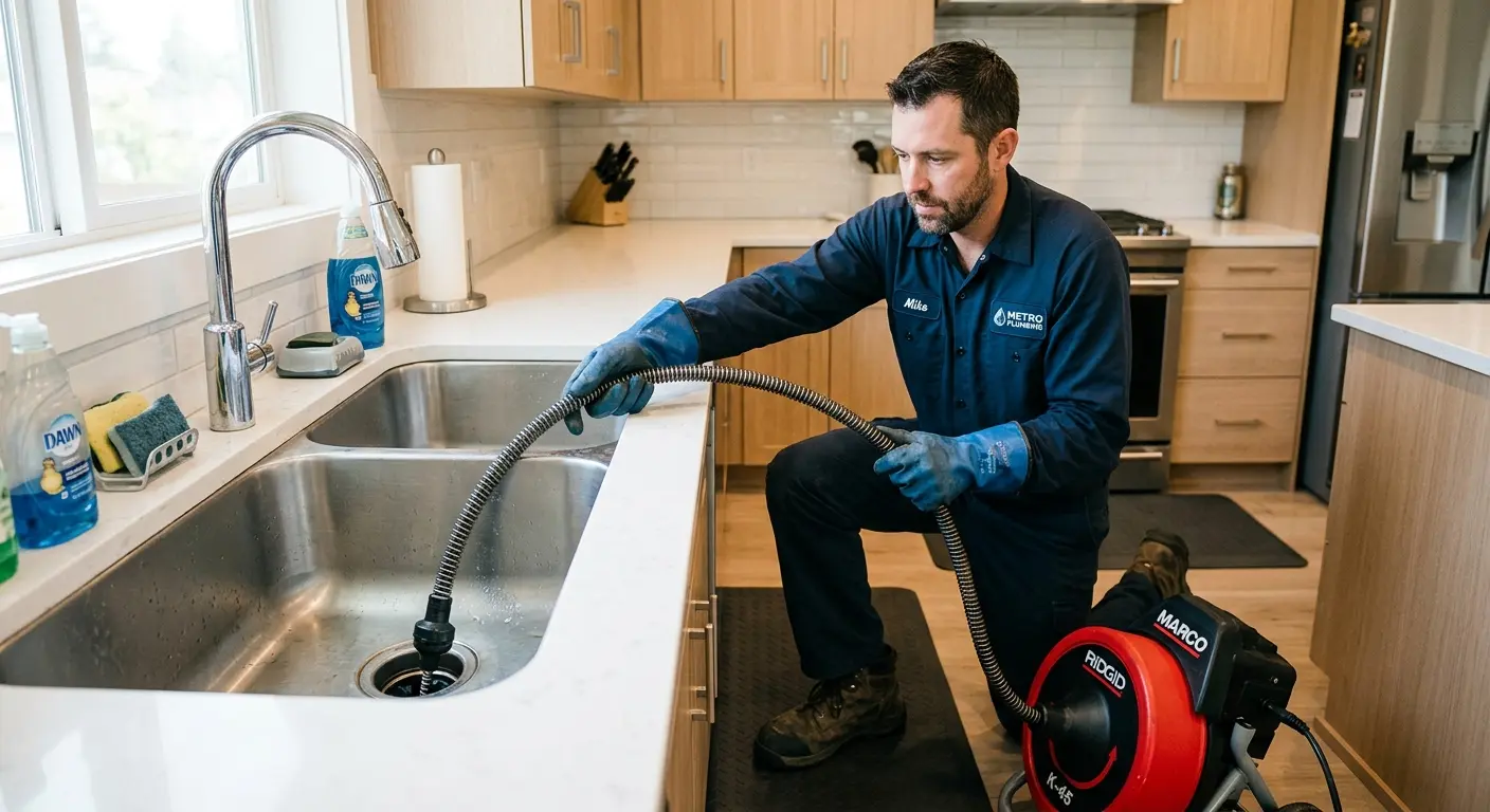 Drain cleaning technician using a motorized snake on a kitchen sink in Medulla