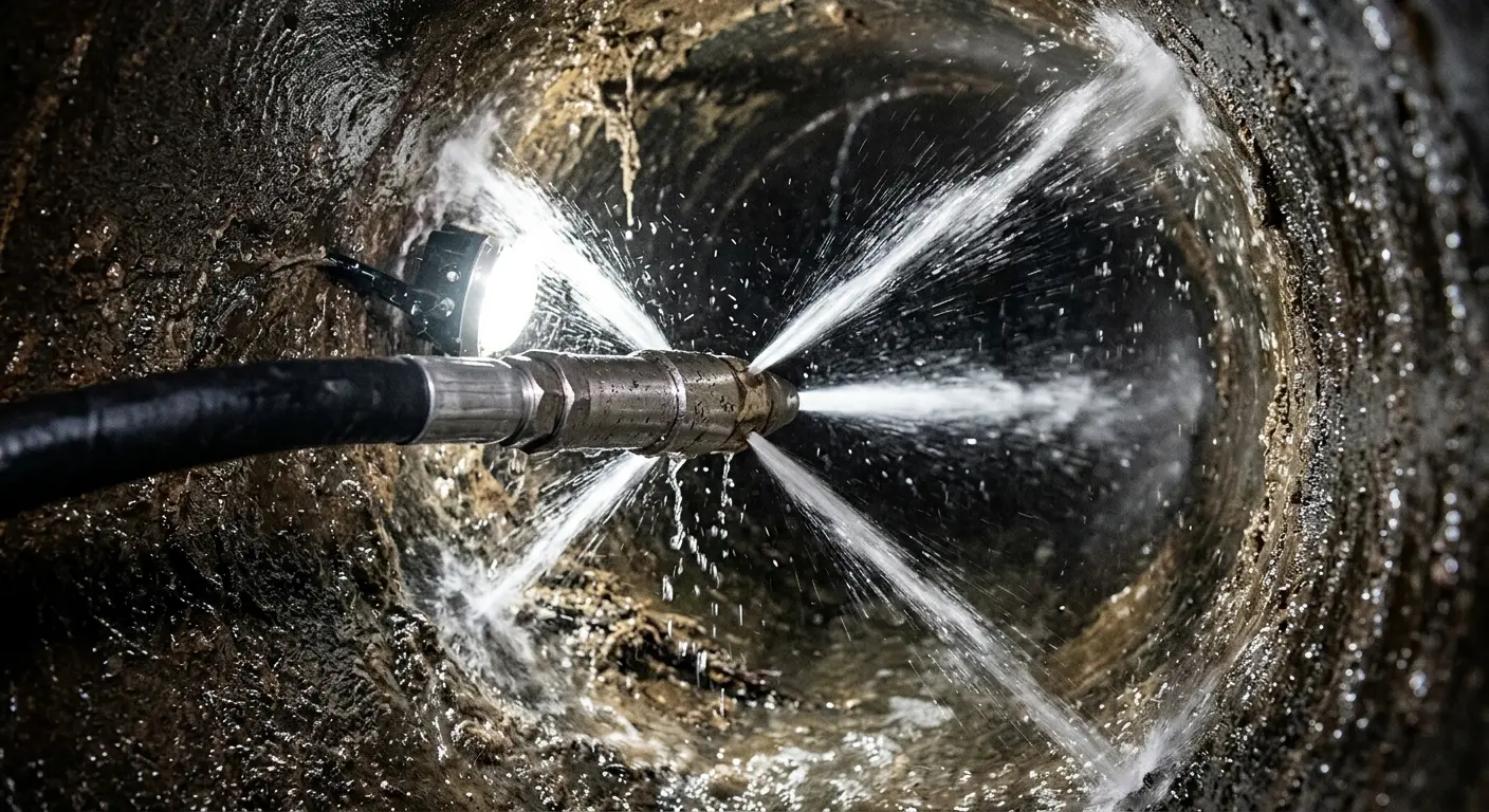 High-pressure hydro jetting nozzle cleaning sewer pipe for Emergency Drain Service in Medulla