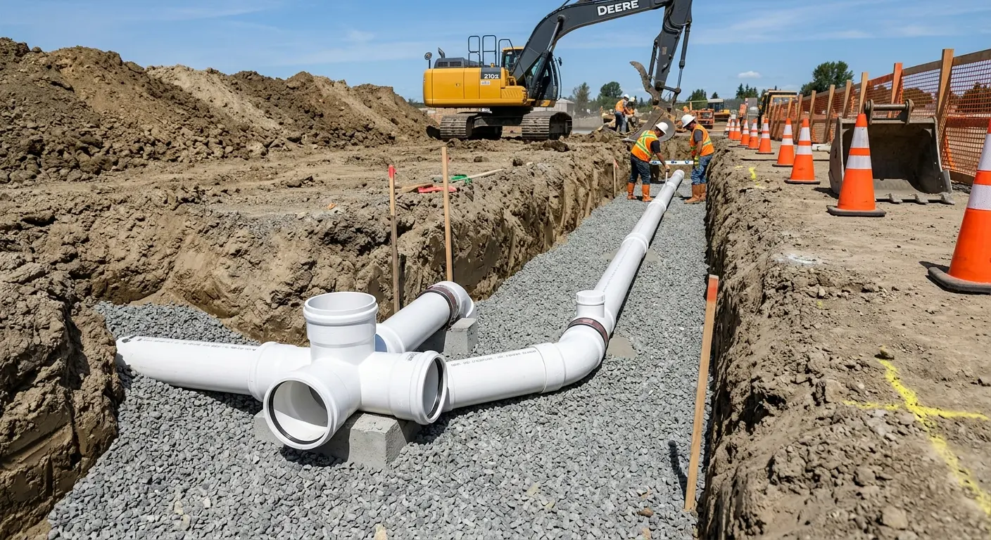 New PVC sewer pipe installation in open trench for Commercial Drain Cleaning in Medulla